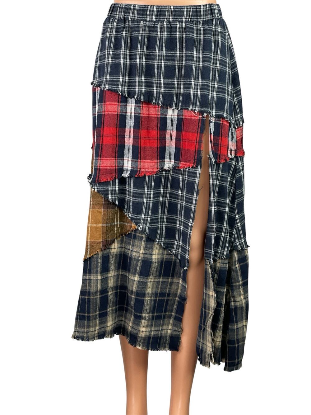 Minga London Multicolor Plaid Patchwork Asymmetric Slit Maxi A-line Skirt Size M